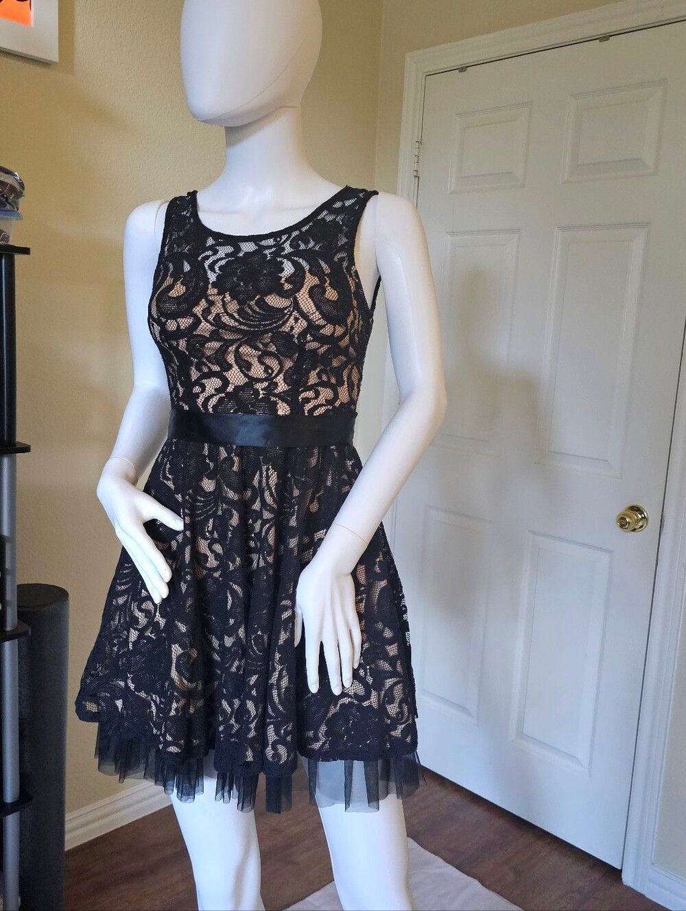 a'gaci Black Lace Mini Dress with Nude Lining
